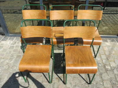 5 x Vintage Plywood Seat Stacking Chairs on Tubular Green Metal Frame.