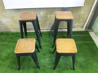 4 x Assorted Sized Pressed Metal Stalls with Wooden Seats to include: 2 x H75 & 2 x H50cm.