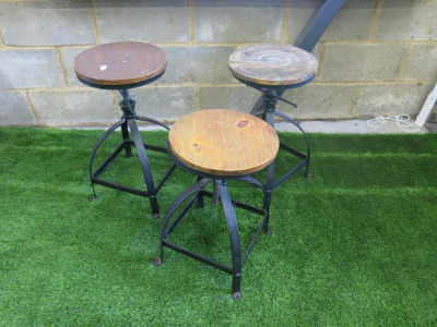 3 x Assorted Height Adjustable Stalls on Metal Frames with Wooden Seats. NOTE: seat tops require attention.