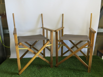 Pair of Directors Wooden Chairs. NOTE: missing material backs & 1 Chair has crack in wood support.