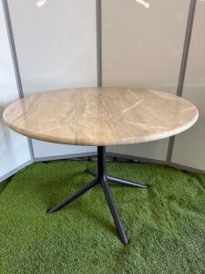 Pedrali Round Dining Table Designed by Patrick Jouin with Black Cast Metal Base and Light Stone Top. Size H78 x Dia 110cm.