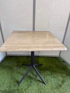 Pedrali Designed by Patrick Jouin Dining Tables with Black Cast Metal Base and Light Stone Top. Size H78 x W70 x D70cm.