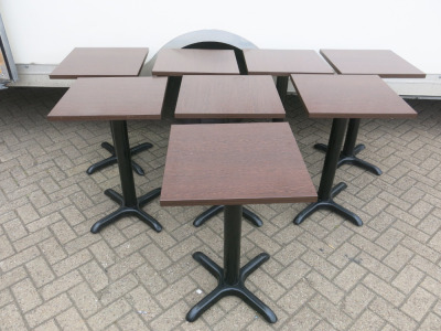 8 x Square Restaurant/Caf&eacute; Tables with Dark Wood Top & Metal Base. Size H75 x W50 x D50cm.