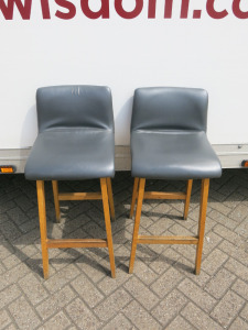 Pair of Wooden Stalls with Grey Faux Leather Upholstered Seats. Size H90cm. NOTE: condition as viewed/pictured.