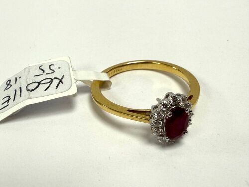 18ct Gold Ruby & Diamond Cluster Ring with White Gold Claws. Ring Size M.