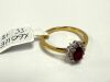 18ct Gold Ruby & Diamond Cluster Ring with White Gold Claws. Ring Size M.