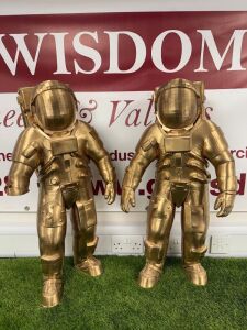 2 x Gold Coloured Lightweight Spaceman Statues, Size H80cm. NOTE: 1 x missing hand.