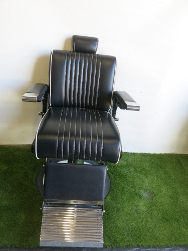 REM Voyager Black Barbers Chair with White Piping, Adjustable Height & Head Rest, S/N 010587.