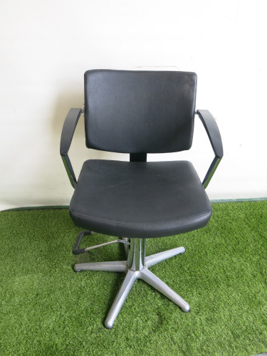 Professional Height Adjustable Barbers Chair on Chrome Base in Black PVC.
