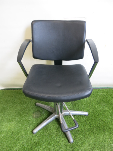 Professional Height Adjustable Barbers Chair on Chrome Base in Black PVC.