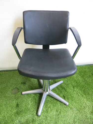 Professional Height Adjustable Barbers Chair on Chrome Base in Black PVC.