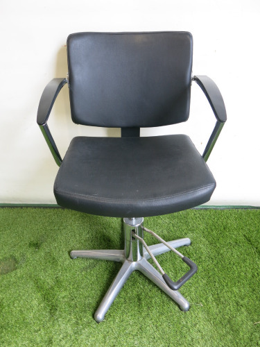 Professional Height Adjustable Barbers Chair on Chrome Base in Black PVC.