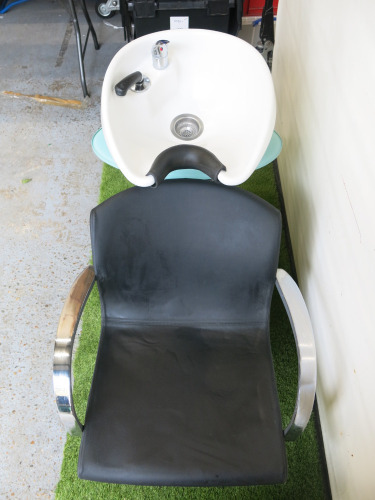 Adjustable Back Wash with Ceramic Basin, Tap & Flexi Hose. Upholstered in Black Faux Leather.