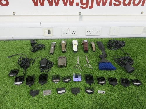 6 x Assorted Hair Clippers & Trimmers to Include: 2 x Wahl,2 x Babyliss & 2 x Gamma. Comes with Assorted Power Supplies &Attachments, 2 x Scissors, 1 x Comb & 1 x Brush.