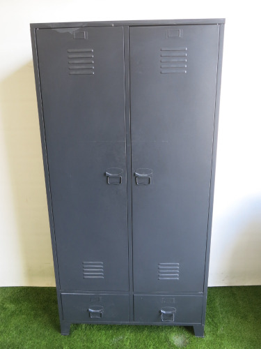 2 Door 2 Drawer Metal Storage Cabinet in Black with 2 Adjustable Shelves & Clothes Rail. Size H180 x W90 x D40cm.