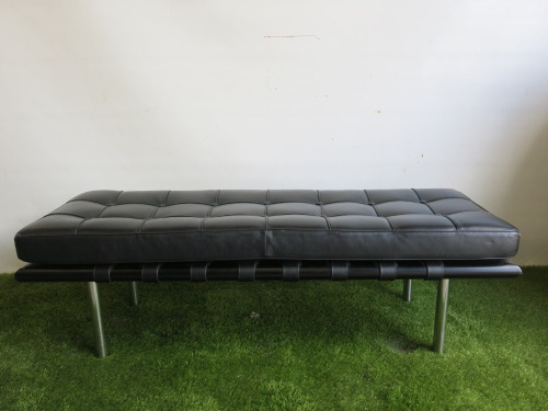 Black Faux Leather Cushion Bench Seat with Chrome Legs. Size H44 x W121 x D46cm.