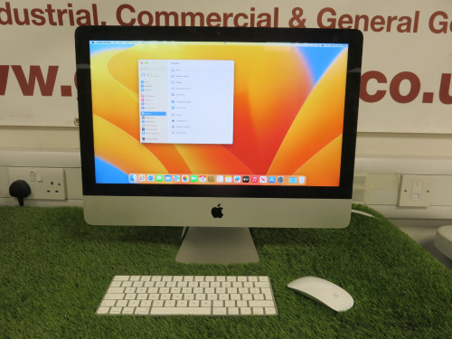 Apple 21.5" iMac, Running macOS Ventura, 2.3GHz Dual-Core Intel Core i5, RAM 8GB, 256 SSD, Model A2116, S/N DGKZ8HHWH7VFX. Comes with Keyboard & Mouse.