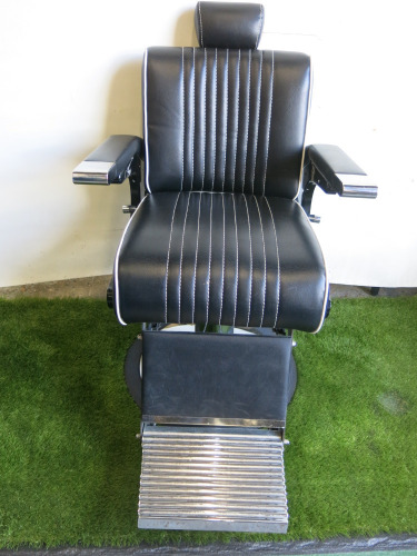 REM Voyager Black Barbers Chair with White Piping, Adjustable Height & Head Rest, S/N 010583.