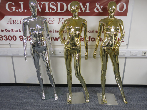 3 x Female Form Gloss Finish Mannequins to Include: 2 x Gold & 1 x Silver.