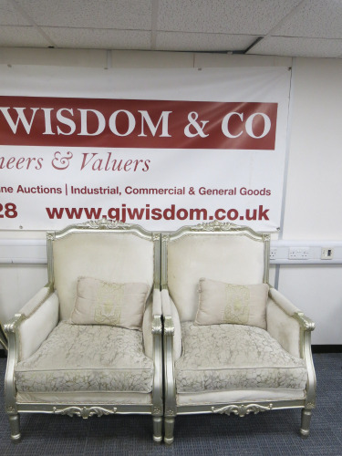 2 x Oversized Silver Wooden Frame, Upholstered Boutique Chairs. Size H108cm.