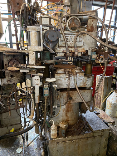 Lened Hydraulic & High Pressure Steam Vinyl Record Press. Complete Unit with Lened Plastic Injection and Controls. Circa 1960's, S/N on Injection M/C Reads 78220, Main Machine Number 7434. NOTE: buyer is responsible for stripping & removing at there own e
