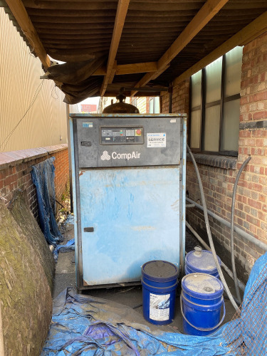 Compair Cyclon 346 Rotary Air Compressor with Vertical Receiver Tank, S/N F168/0119 Year 1996. Hours Not Known (Located Under Canopy at Rear of Factory). NOTE: buyer is responsible for stripping & removing at there own expense. Comes with Additional Compa