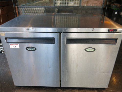 Fosters Stainless Steel 2 Door Undercounter, Fridge, Model LR360, S/N E5554054, YOM 2019. Size H82 x W122 x D75cm. NOTE: missing internal shelf & fixings.