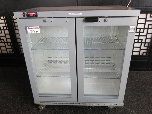 Osbourne 2 Glass Door Back Bar Chiller On Castors, Model 250E, S/N 726998/07/13. Size H100 x W90 x D52cm.