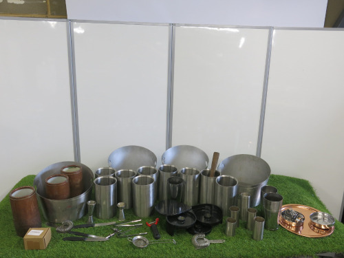Lot of Assorted Bar Accessories to Include: 8 x Stainless Steel Ice Buckets, 8 x Stainless Steel Wine Coolers, 3 x Brass Wine Coolers, 1 x Copper Tray & Assorted Cocktail Accessories (As Viewed/pictured).