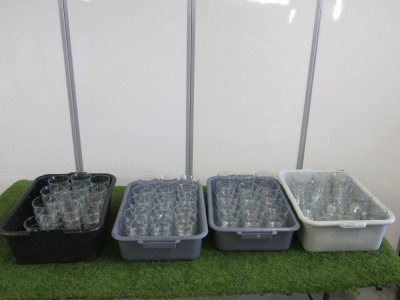220 x Glass Tumblers, Size H11cm x Dia 10cm with 5 Plastic Trays.