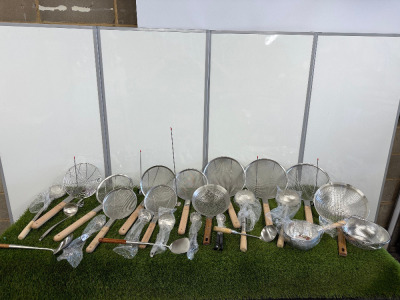 28 x Assorted New Kitchen Accessories to Include: 4 x 30cm Strainers, 5 x 24cm Strainers, 2 x 20cm Strainers, 10 x Assorted Sized Ladles, 1 x Collander, 1 x 16cm Aluminium Pan, 5 x Thermometers & 3 x Kitchen Utensils.