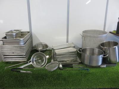 87 x Assorted Kitchen Accessories to Include: 50 x GN Containers, 22 x Assorted Sized Aluminium Trays, 2 x Stock Pots, 2 x Trays, 1 x 1/3 GN Container, 1 x Stainless Steel Insert, 1 x Mixing Bowl, 2 x Strainers, 2 x Sieves, 2 x Tongs & 2 x Utensils.