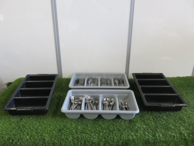 205 x Grunwerg Stainless Steel Cutlery to Include: 140 x Knives, 44 x Forks, 11 x Desert Spoons & 10 x Tea Spoons. Comes with 4 Plastic Cutlery Trays.
