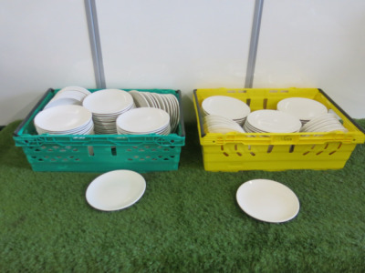 160 x Cameo China 20cm White Plates. Comes with 2 x Plastic Crates.