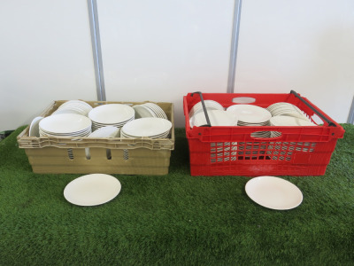 160 x Cameo China 20cm White Plates. Comes with 2 x Plastic Crates.