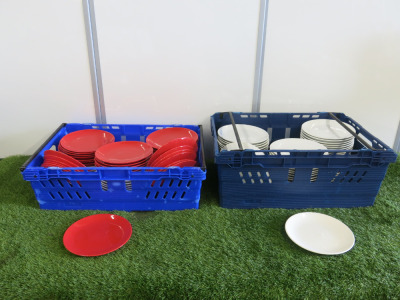 134 x Assorted 20cm China Plates to Include: 113 x White & 23 x Red. Comes with 3 x Plastic Crates.