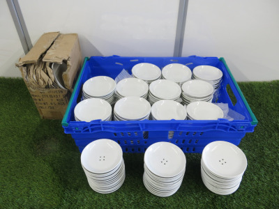 Approx 200 x Small White China Plates, Size 12cm & 25 x Small China Plates with Holes, Size 12cm.