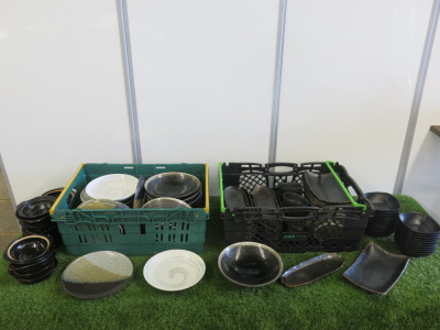 Appro 127 x Stone Ware, Melamine & Crockery to Include: 10 x 24cm Bowls, 2 x 23cm Bowls, 18 x 25cm Plates, 33 x 30cm Serving Dishes, 12 x 23cm Serving Dishes, 20 x 15cm Ceramic Bowls, 6 x 26cm Melamine Serving Dishes,22 x 14cm Melamine Bowls, 4 x 11cm B
