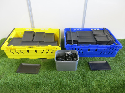 Approx 200 Assorted Sized Chine Serving Platters in Black to Include: 156 x Size 20 x 12 cm & 50 x 7 x 4cm.