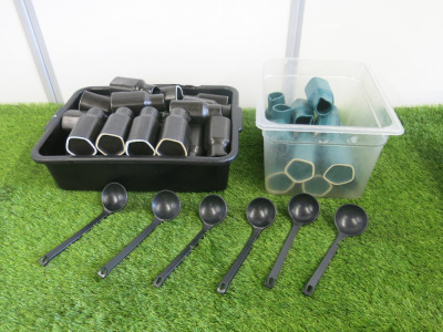 71 x Restaurant Table Ware to Include: 6 x Plastic Ladles, 18 x Black Ceramic Jugs with Lids, 34 x Black Ceramic Jugs/Dispenser & 13 x Green Ceramic Jugs/Dispenser.