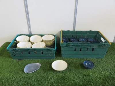 159 x Assorted Churchill Tableware to Include: 33 x 18cm Bowls, 56 x 12cm Bowls in Blue & 70 x 20cm Plates in Blue Pattern.