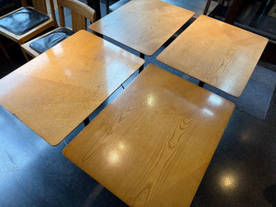 42 x Light Oak Dining Tables with Bevel Edged Top on Heavy Black Metal Round Base. Size H74 x W60 x D80cm.