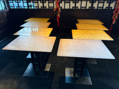 8 x Light Oak Varnished Dining Tables with Bevel Edged Top (6 x Framed Top) on Heavy Black Metal Oblong Base. Size H74 x W60 x D80cm.