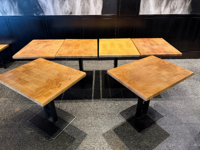 54 x Solid Wood Top Dining Table with Heavy Metal Base. Size H70 x W80 x D60cm.