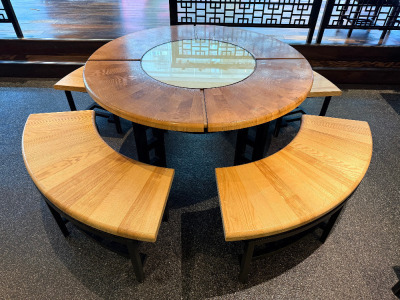 Round Dining Table with Solid Natural Wood Top & Glass Centre on Black Wood Frame, Size H73 x Dia 135cm. Comes with 4 x Quadrant Benches.