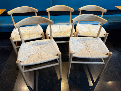 27 x Wishbone Style Natural Wood & Wicker Seat Dining Chairs.