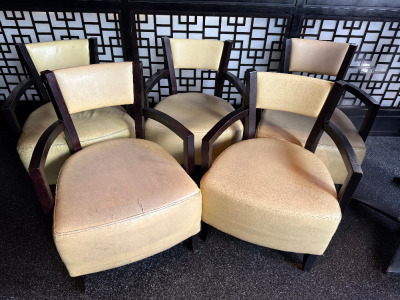 11 x Dark Wood Lounge Chairs Upholstered in Light Beige Faux Leather. Size 75cm.