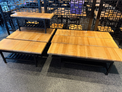 16 x Assorted Sized Dark Wood Benches with Solid Natural Wood Top to Include: 10 x H44 x W110 x D40cm & 6 x H44 x W150 x D40cm.