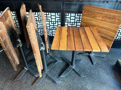 6 x Wooden Slatted Folding Top Outdoor Table with Metal Base. Size H74 x W70 x D70cm.