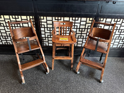 3 x Helo Dark Wood Children's High Chairs to Include: 2 x Mobile & 1 x Fixed.